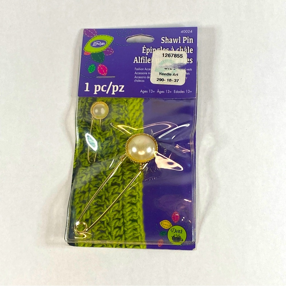 LoRan Shawl Pin 40024 Dritz Gold Tone Metal Pearl Color Stone Safety Pen Style